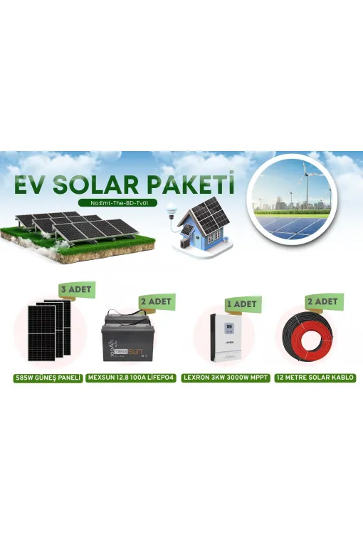 GÜNEŞ ENERJİ SETİ 585W GÜNEŞ PANELİ - 12.8 100Ah LİFEPO4 Akü - Lexron 3Kw 3000W İnverter GÜNEŞ ENERJİ SETİ 585W GÜNEŞ PANELİ - 12.8 100Ah LİFEPO4 Akü - Lexron 3Kw 3000W İnverter